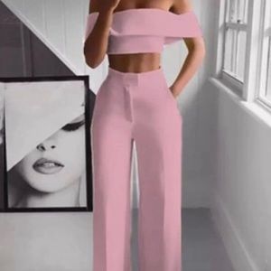 Women's Two-piece Crop
Top Bare Back Off Shoulder Pure Color Wide Leg Jumpsuit